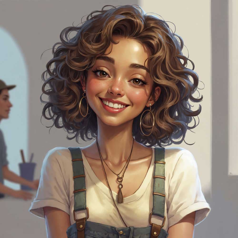پرترهٔ کارتونی دختری با موی فرفری، ساخته‌شده با هوش مصنوعی