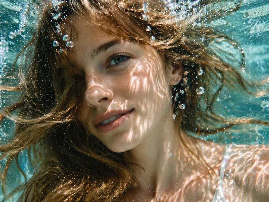 پرترهٔ زن با بازتاب نور آب روی صورت، ساخته‌شده با هوش مصنوعی