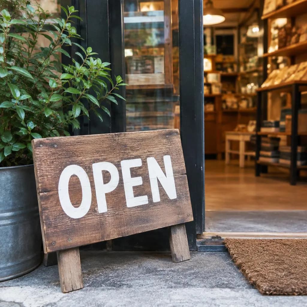 تابلوی چوبی جلوی مغازه با نوشتهٔ درست و خوانای OPEN با حروف درشت سفید
