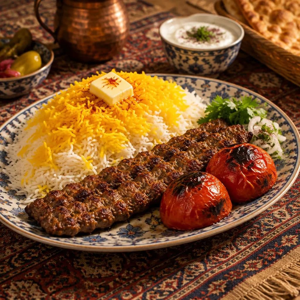 بشقاب چلوکباب با گوجهٔ کبابی و کره روی سفرهٔ سنتی