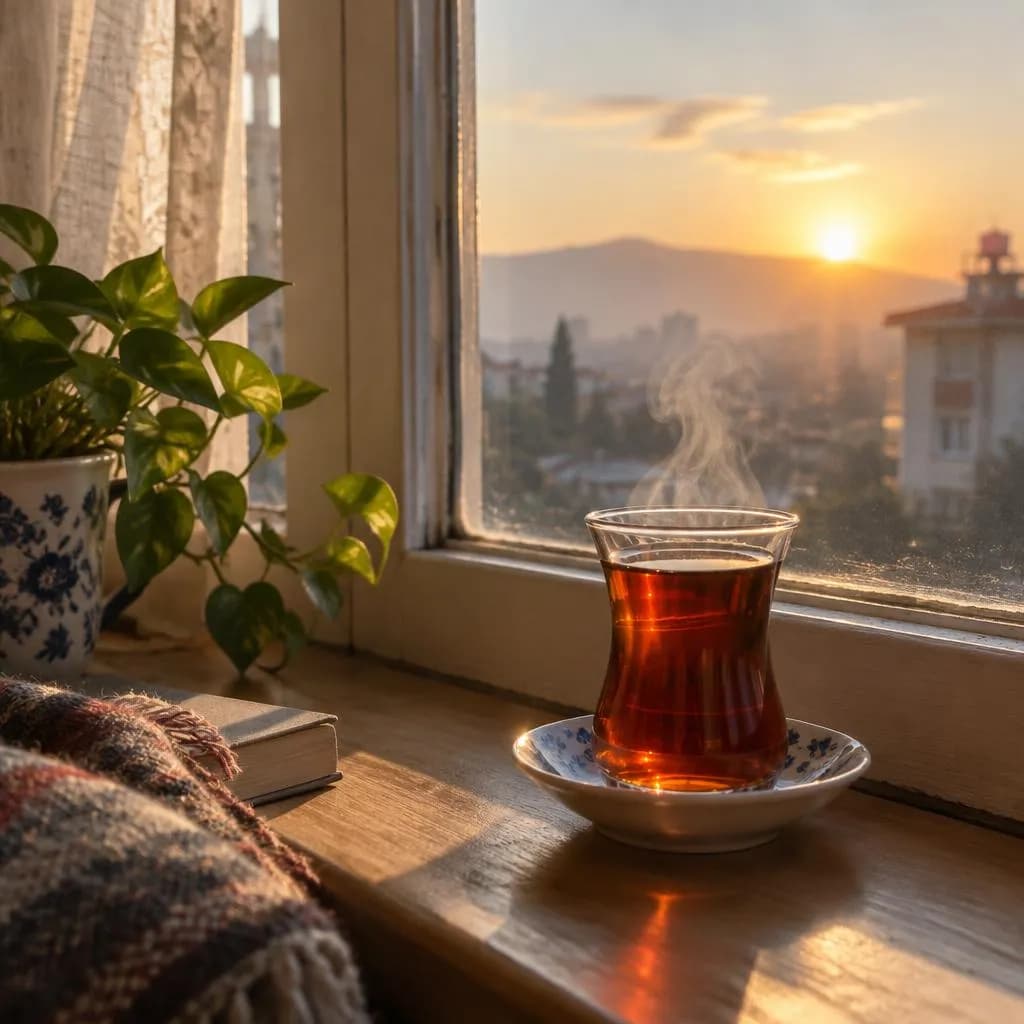 استکان چای کنار پنجره در نور ملایم صبح