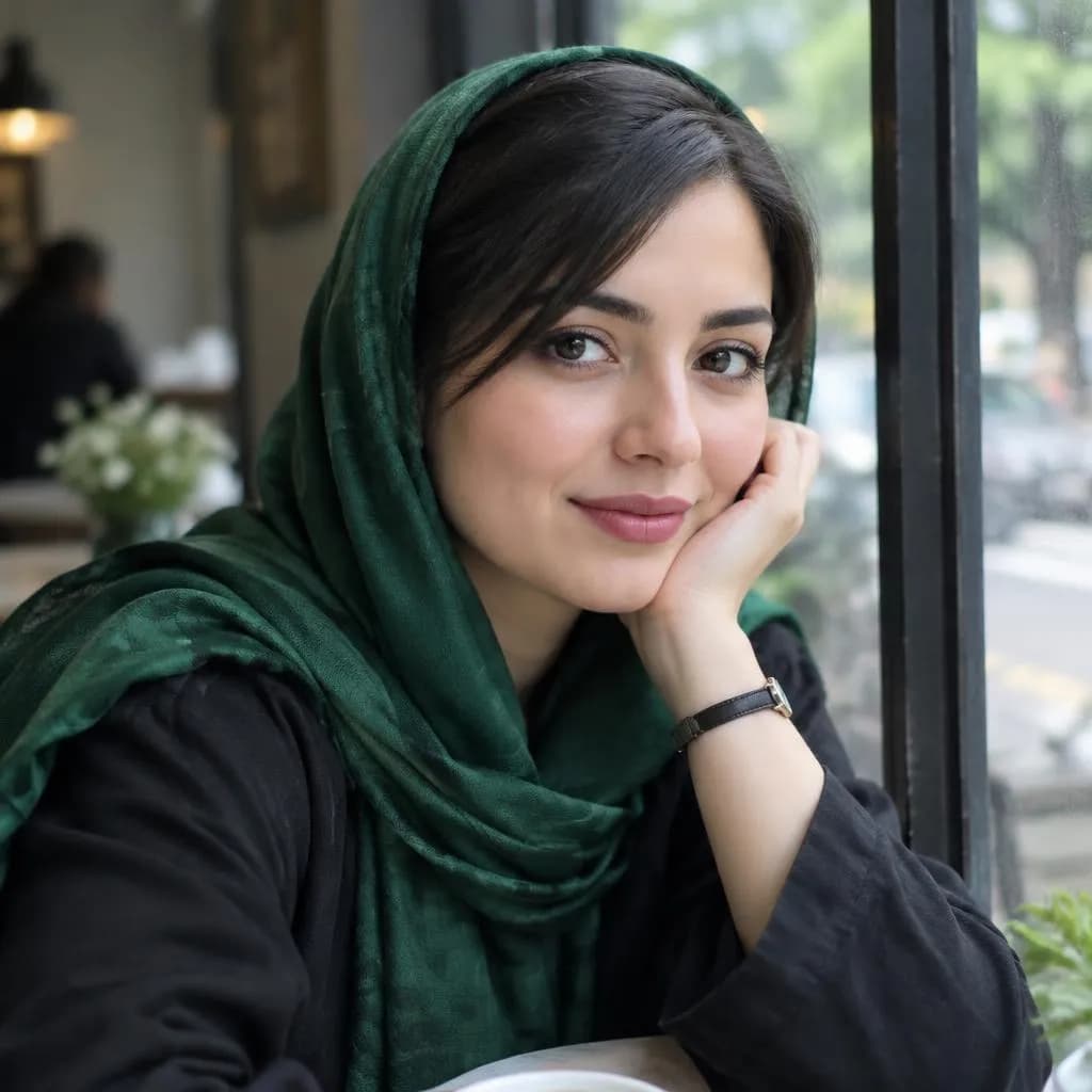 پرترهٔ نزدیک زنی جوان با روسری سبز که دستش را زیر چانه گذاشته، کنار پنجرهٔ کافه؛ ساختهٔ GPT Image