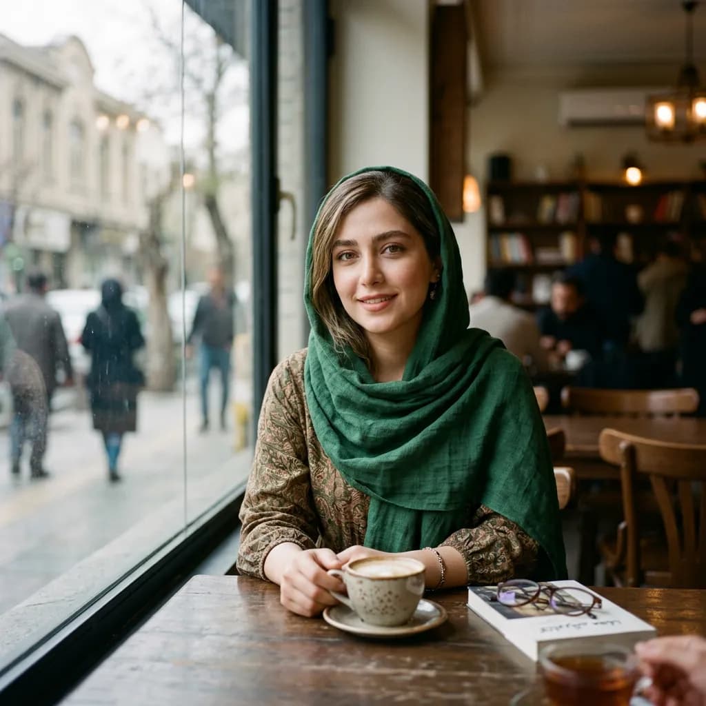 زنی جوان با روسری سبز پشت میز کافه کنار پنجرهٔ بزرگ رو به خیابان، با فنجان قهوه؛ ساختهٔ Nano Banana