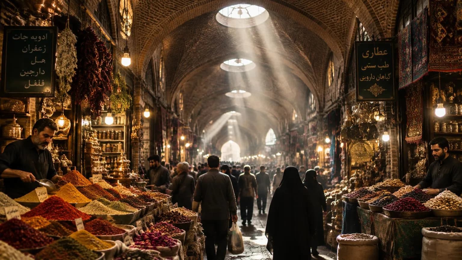 راستهٔ بازار سنتی با سقف آجری، پرتوهای نور از نورگیرها و کپه‌های ادویه در جلوی کادر؛ ساختهٔ GPT Image