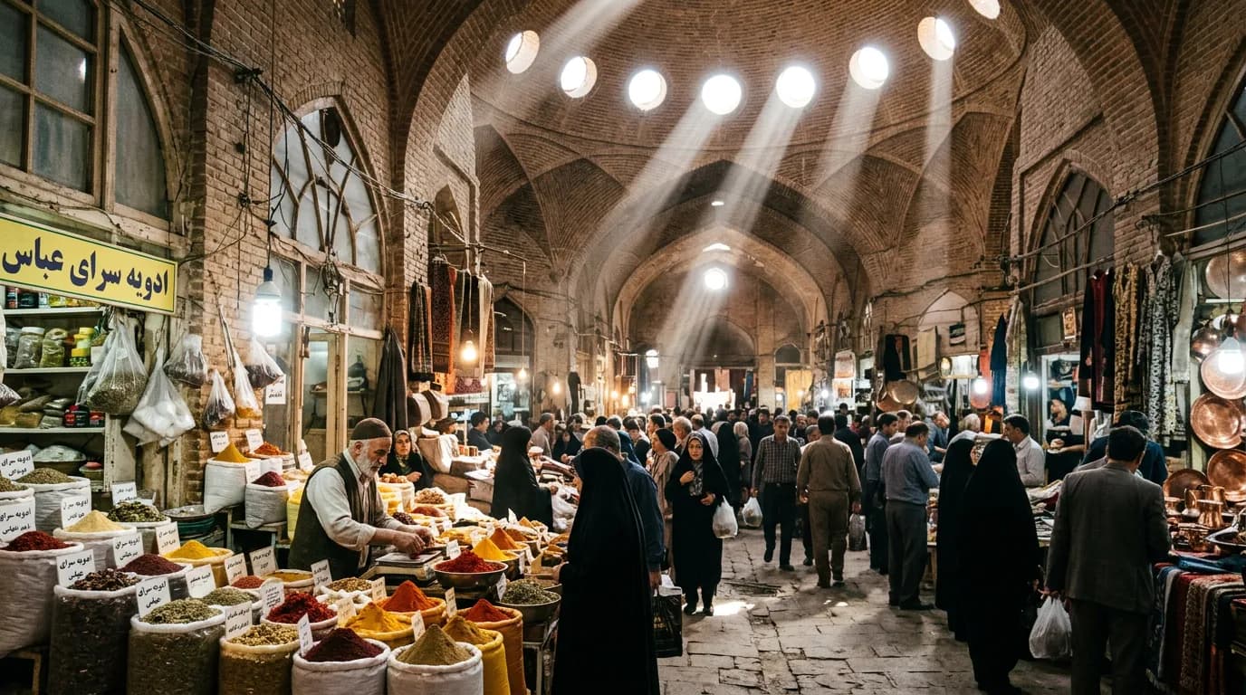 بازار سنتی شلوغ با نورگیرهای گرد، جمعیت زیاد و تابلوی فارسی بالای حجره‌ها؛ ساختهٔ Nano Banana